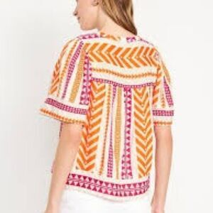 Old Navy Women's Tribal Geometric Short Sleeve Split-Neck Textured Top Blouse L